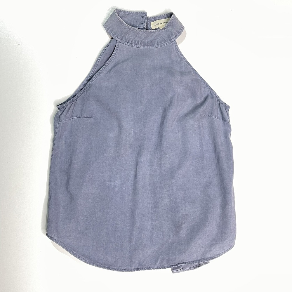 Cloth & Stone Women's Top Size Sm Button Back Mock Neck Muted Blue